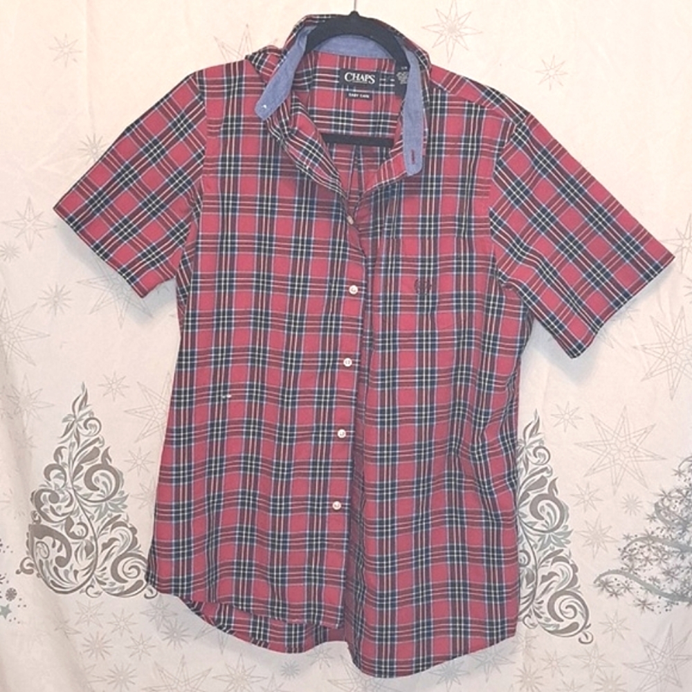 Chaps Men's Button Down Short Sleeve Shirt- L